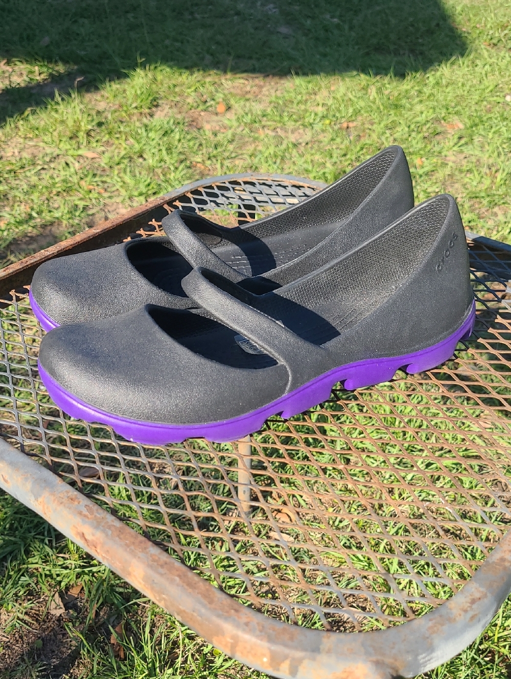 CROCS Women's Black Mary Jane Flats with Purple Outsole